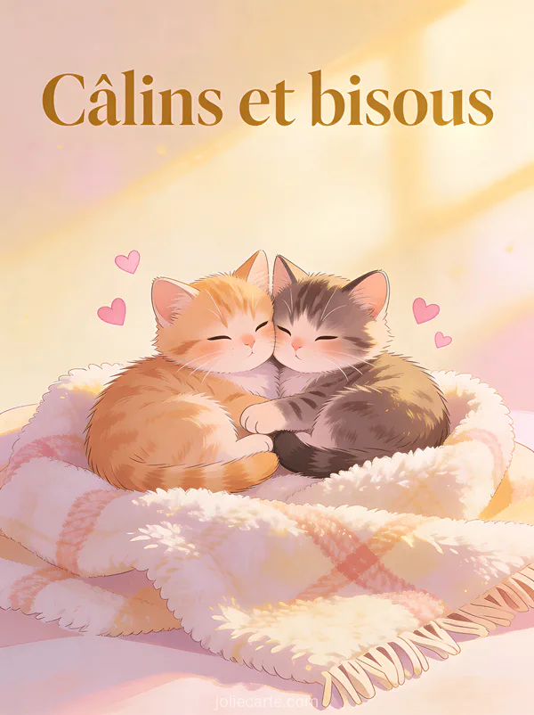 Deux adorables chatons blottis sur un plaid moelleux avec le texte Câlins et bisous et des petits cœurs roses