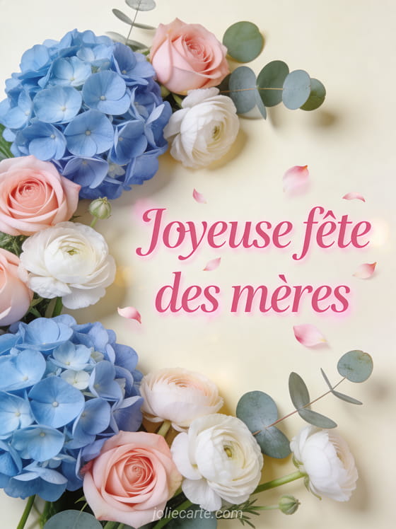 Composition florale d'hortensias bleus et roses avec renoncules blanches et eucalyptus avec le texte Joyeuse fête des mères