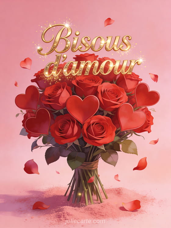 Bouquet de roses rouges avec des pétales en forme de cœur et le texte Bisous d'amour en lettres dorées