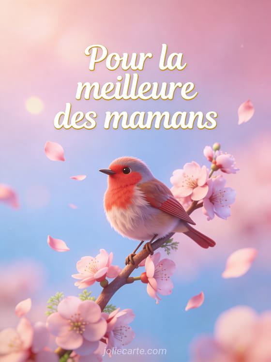Illustration 3D d'un rouge-gorge sur une branche de cerisier en fleurs avec pétales volants et le texte Pour la meilleure des mamans