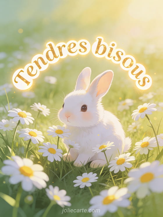 Petit lapin blanc assis dans un champ de marguerites avec le texte Tendres bisous en lettres dorées