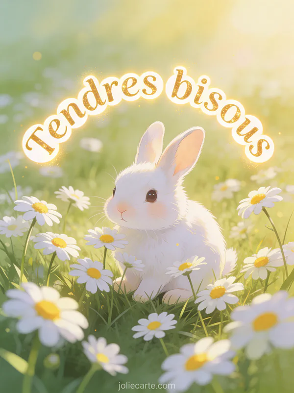 Petit lapin blanc assis dans un champ de marguerites avec le texte Tendres bisous en lettres dorées