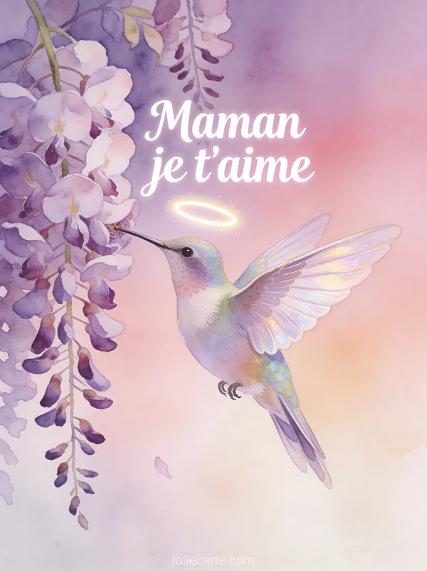 Illustration d'un colibri aux plumes irisées butinant des glycines mauves en cascade avec le texte Maman je t'aime