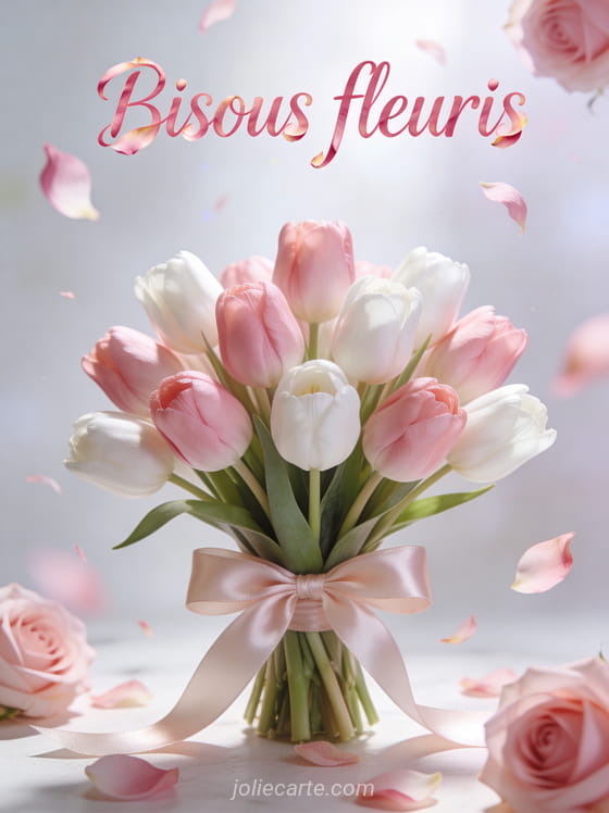 Bouquet de tulipes roses et blanches avec un ruban satiné et le texte Bisous fleuris en lettres cursives