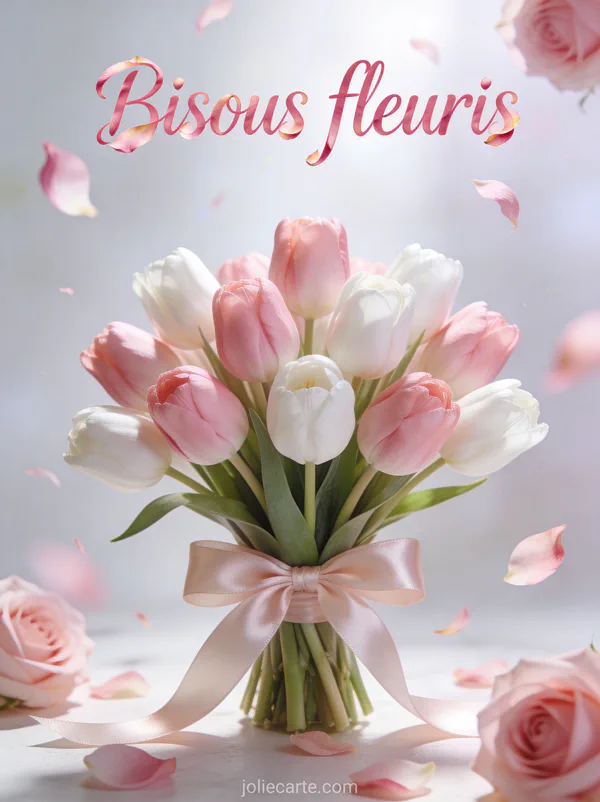 Bouquet de tulipes roses et blanches avec un ruban satiné et le texte Bisous fleuris en lettres cursives