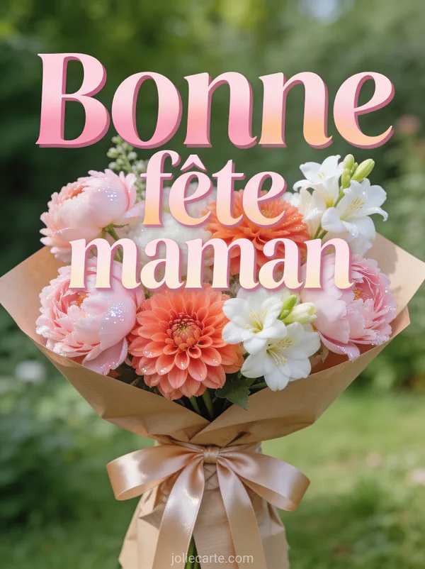 Bouquet de pivoines roses dahlias corail et freesias blancs dans du papier kraft avec ruban satin et le texte Bonne fête maman