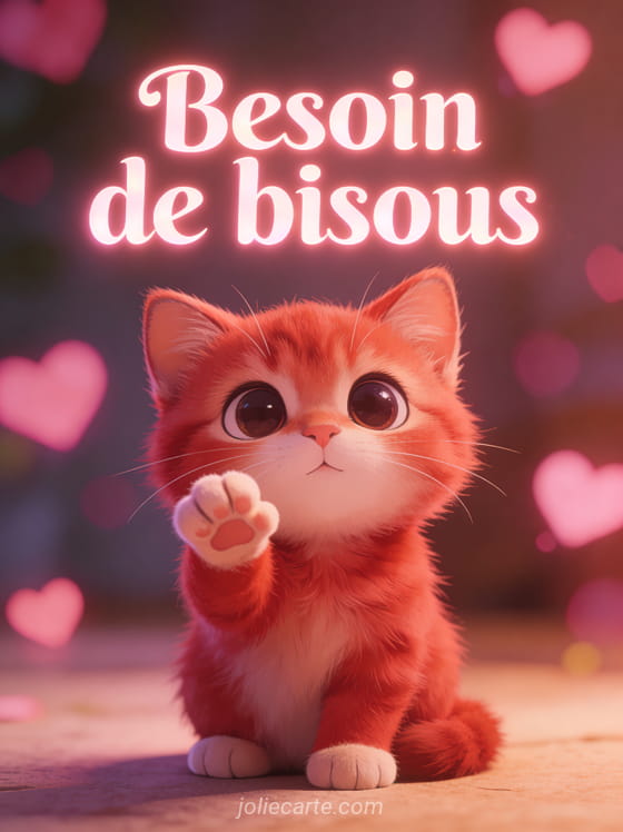 Adorable chaton roux aux grands yeux tendres levant la patte avec le texte Besoin de bisous
