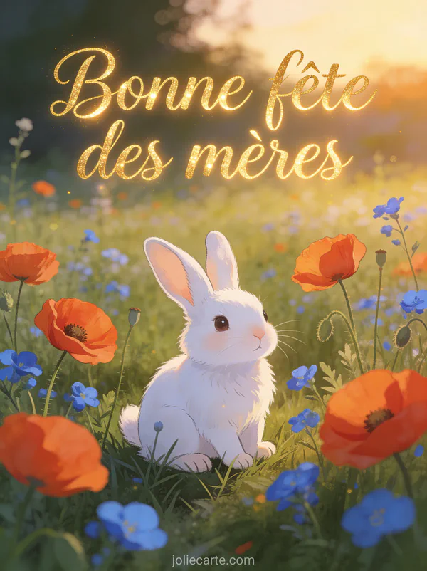 Illustration d'un lapin blanc assis dans un pré fleuri de coquelicots et bleuets avec le texte Bonne fête des mères