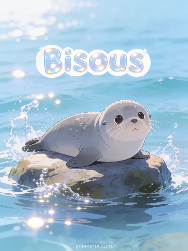 Adorable phoque gris aux yeux ronds posé sur un rocher au bord de la mer avec le texte Bisous