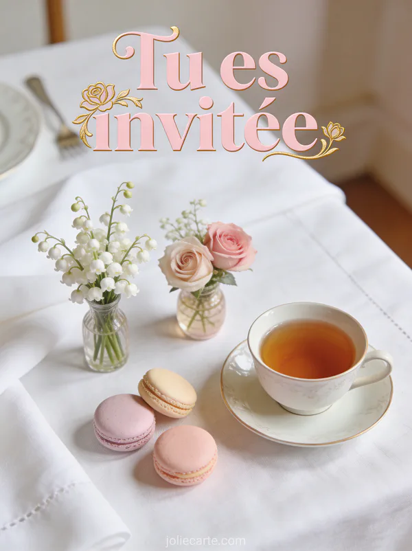 Table dressée avec nappe blanche bouquets de muguet et roses macarons pastel et tasse de thé avec le texte Tu es invitée