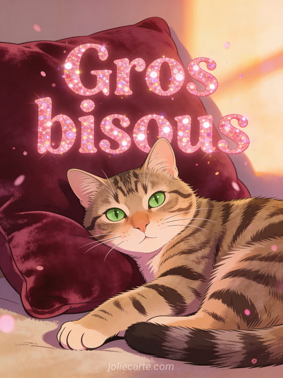 Chat tigré aux yeux verts allongé sur un coussin en velours bordeaux avec le texte Gros bisous