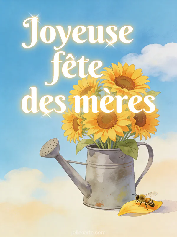 Illustration de tournesols éclatants dans un arrosoir en zinc vintage avec une abeille et le texte Joyeuse fête des mères