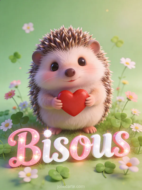 Petit hérisson mignon tenant un cœur rouge entre ses pattes entouré de fleurs des champs avec le texte Bisous