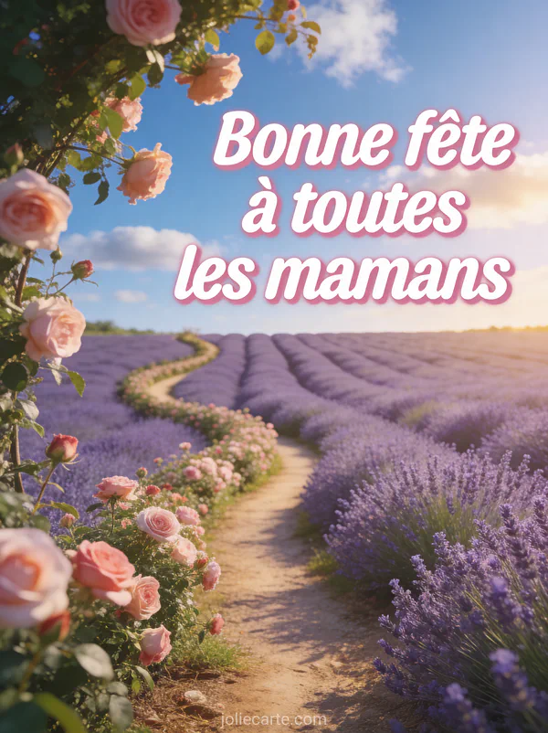 Champ de lavande à perte de vue sous un ciel bleu avec un chemin bordé de rosiers et le texte Bonne fête à toutes les mamans
