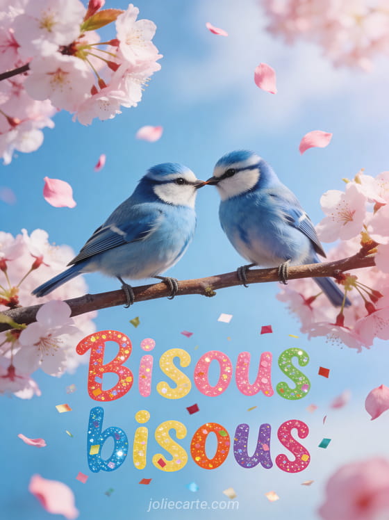 Deux mésanges bleues se touchant le bec sur une branche de cerisier en fleurs avec le texte Bisous bisous