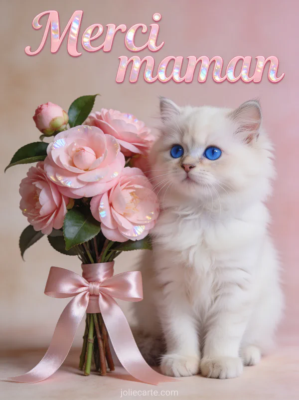 Chaton persan blanc aux yeux bleus assis à côté d'un bouquet de camélias roses avec le texte Merci maman