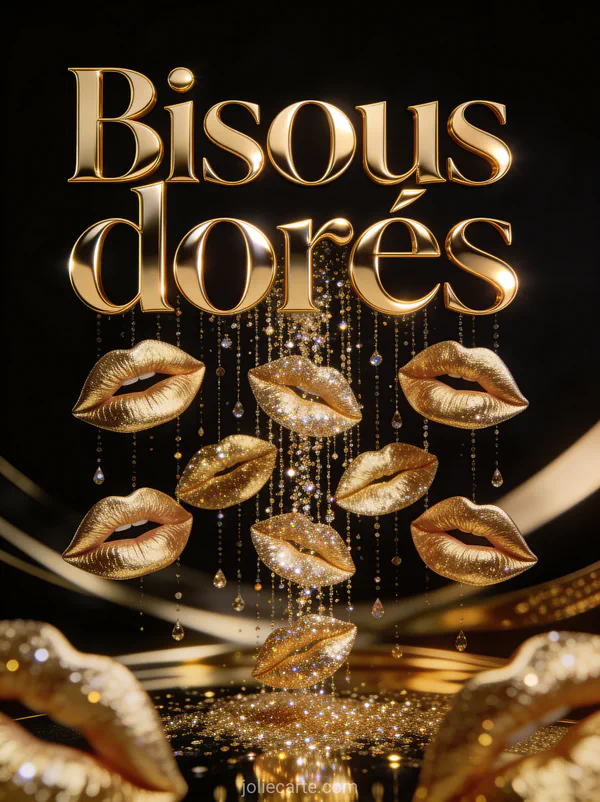 Pluie de paillettes dorées et de lèvres scintillantes sur fond noir avec le texte Bisous dorés