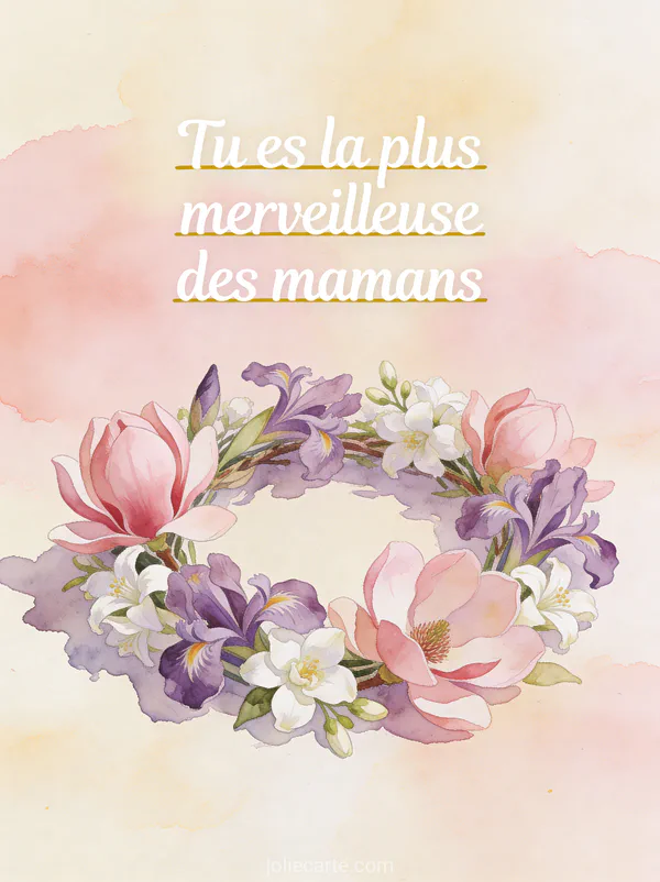 Couronne aquarelle de magnolias roses iris violets et jasmin blanc avec le texte Tu es la plus merveilleuse des mamans