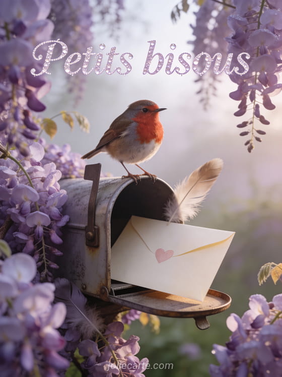 Rouge-gorge perché sur une boîte aux lettres vintage entourée de glycine mauve avec le texte Petits bisous