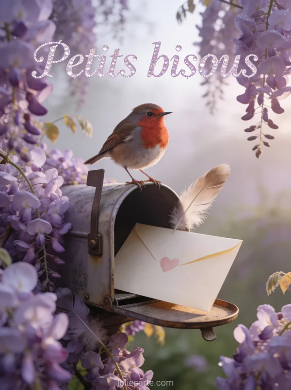 Rouge-gorge perché sur une boîte aux lettres vintage entourée de glycine mauve avec le texte Petits bisous
