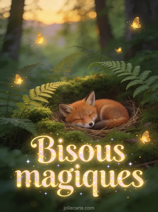 Petit renard roux endormi dans un nid de mousse avec des lucioles dorées et le texte Bisous magiques