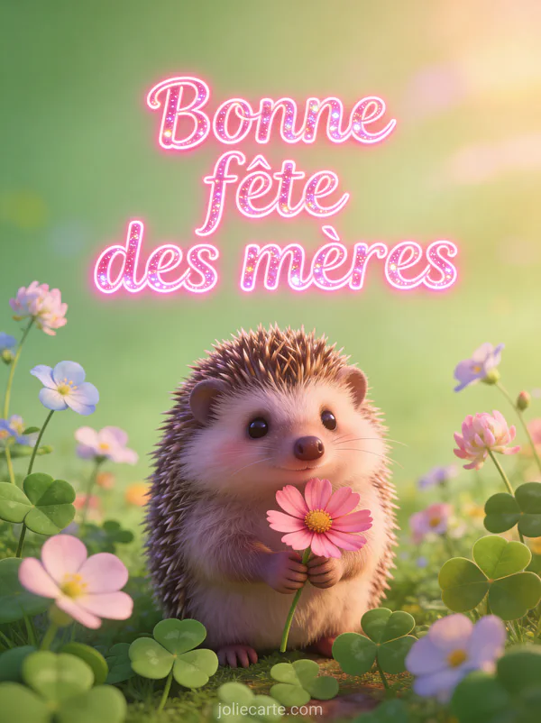 Illustration 3D d'un hérisson tenant une fleur de cosmos rose entouré de pâquerettes avec le texte Bonne fête des mères