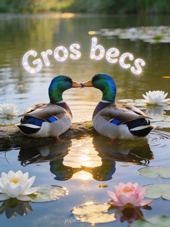 Deux canards colverts bec à bec au bord d'un étang avec des nénuphars et le texte Gros becs