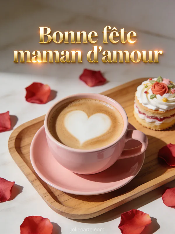 Café au lait en forme de cœur dans une tasse rose avec pétales de rose et petit gâteau avec le texte Bonne fête maman d'amour