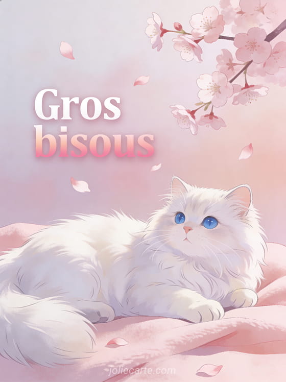 Chat persan blanc aux yeux bleus allongé sur une couverture rose avec des pétales de cerisier et le texte Gros bisous