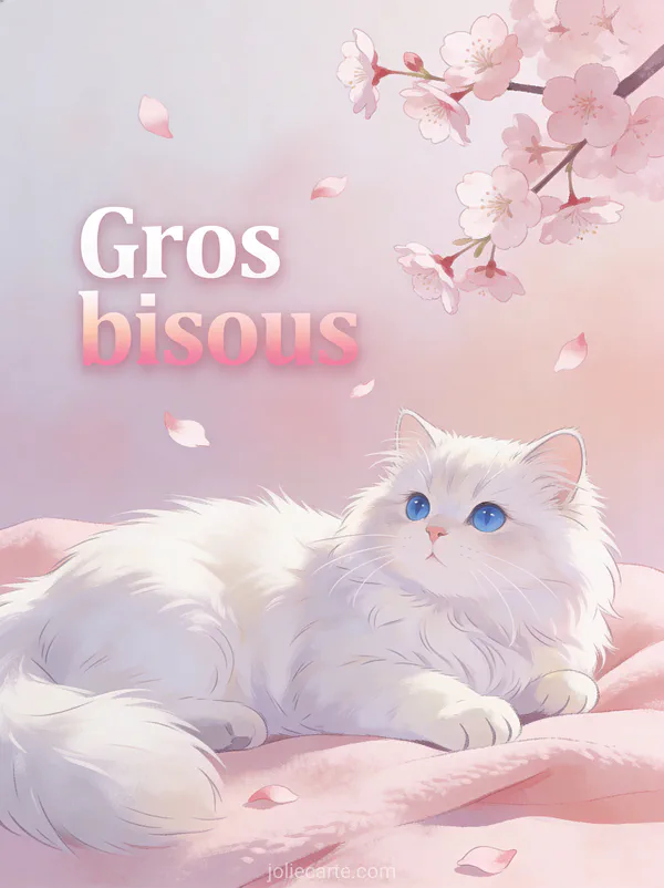 Chat persan blanc aux yeux bleus allongé sur une couverture rose avec des pétales de cerisier et le texte Gros bisous
