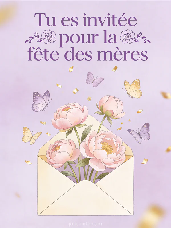 Illustration d'une enveloppe ouverte avec pivoines papillons et confettis dorés sur fond lavande avec le texte Tu es invitée