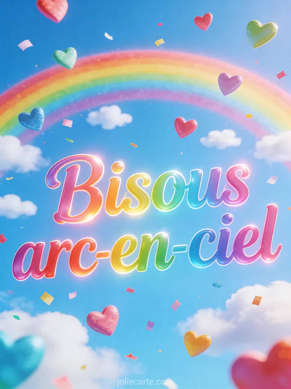 Arc-en-ciel vibrant avec des cœurs colorés flottant comme des confettis et le texte Bisous arc-en-ciel