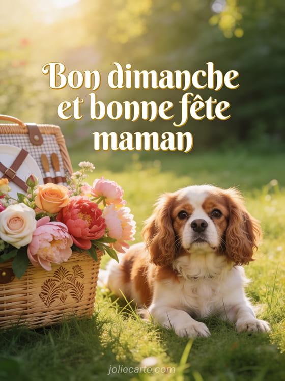 Cavalier king charles allongé dans l'herbe à côté d'un panier fleuri de roses et pivoines avec le texte Bon dimanche et bonne fête maman