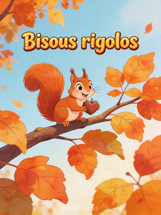 Écureuil roux espiègle tenant une noisette en forme de cœur sur une branche automnale avec le texte Bisous rigolos