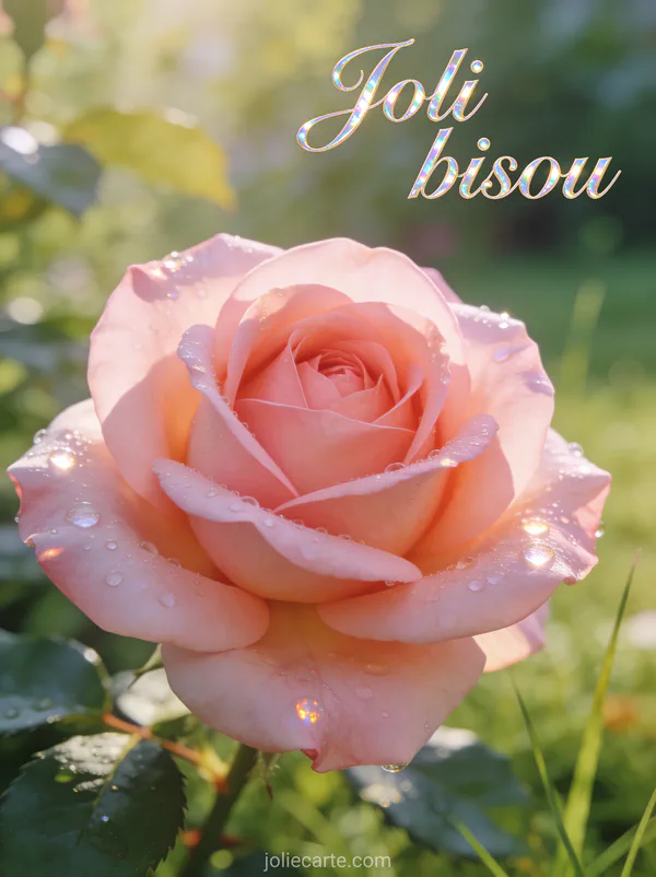 Rose rose thé en gros plan avec des gouttes de rosée sur les pétales et le texte Joli bisou