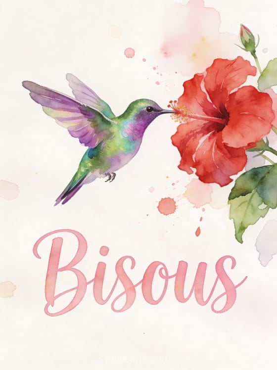 Colibri iridescent vert et violet butinant un hibiscus rouge en style aquarelle avec le texte Bisous