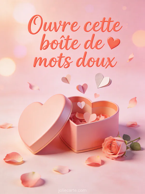Illustration 3D d'une boîte en forme de cœur ouverte avec petits cœurs en papier et pétales de rose qui s'envolent