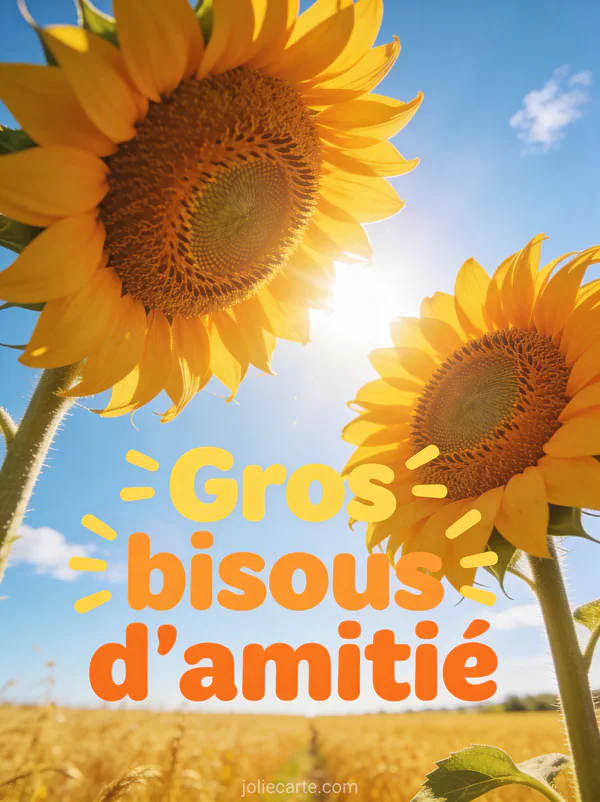 Deux tournesols géants côte à côte dans un champ doré sous un ciel bleu avec le texte Gros bisous d'amitié