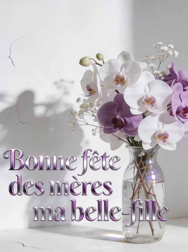 Bouquet d'orchidées blanches et violettes avec gypsophile dans un vase en verre avec le texte Bonne fête des mères ma belle-fille