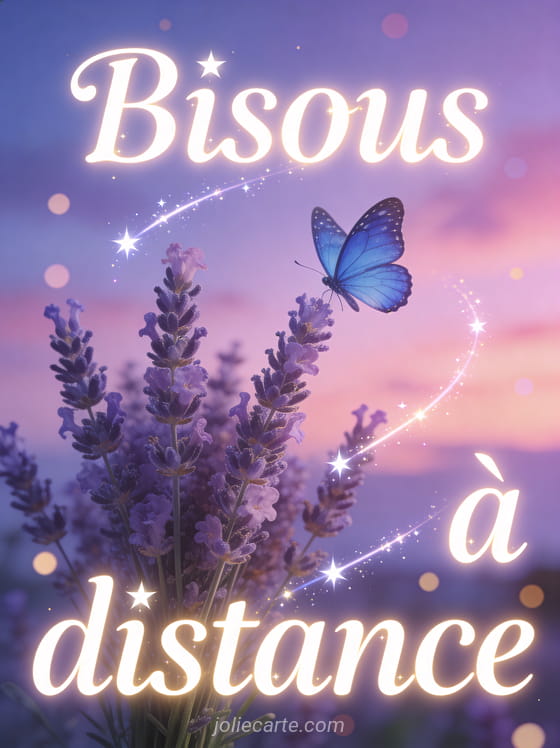 Papillon bleu morpho s'envolant d'un bouquet de lavande vers un ciel crépusculaire avec le texte Bisous à distance