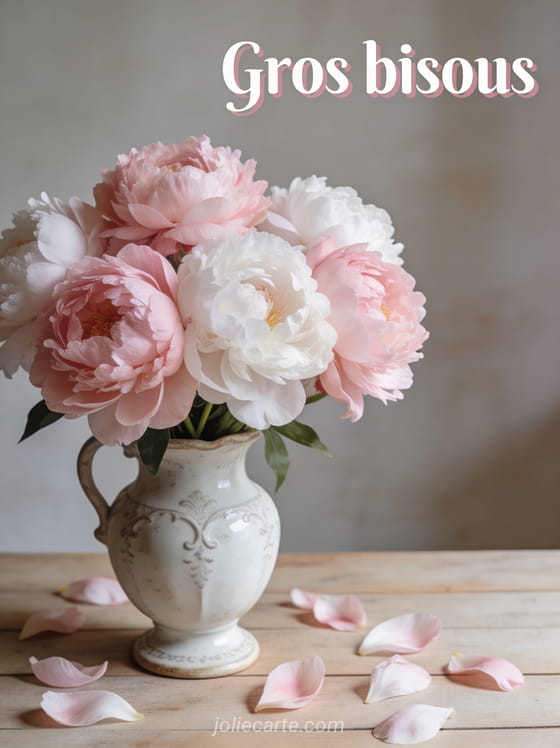 Bouquet de pivoines roses et blanches dans un vase en porcelaine avec le texte Gros bisous