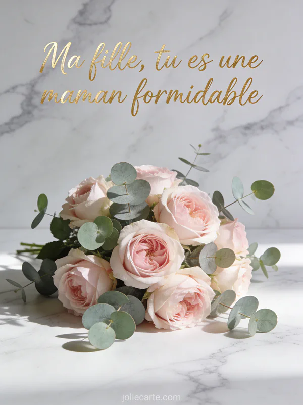Roses David Austin rose pâle et eucalyptus sur fond marbre blanc avec le texte Ma fille tu es une maman formidable