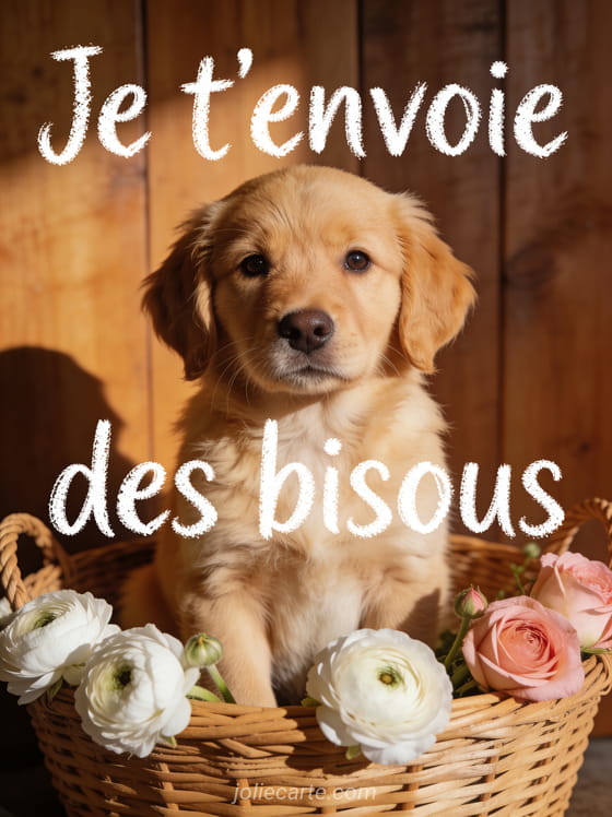 Chiot golden retriever aux yeux doux dans un panier en osier garni de renoncules avec le texte Je t'envoie des bisous