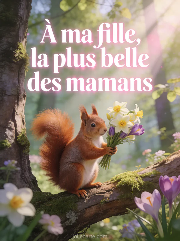 Illustration d'un écureuil roux portant un bouquet de narcisses et crocus sur un tronc moussu en forêt printanière