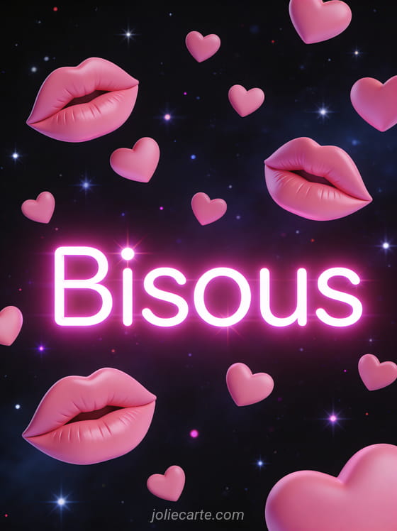 Texte Bisous en néon rose vif avec des cœurs flottants et des lèvres stylisées sur fond sombre étoilé