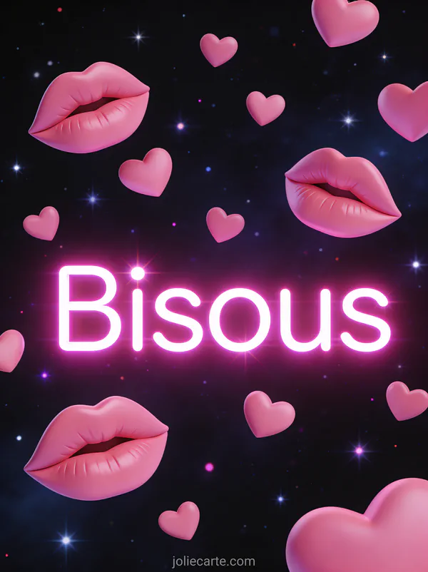 Texte Bisous en néon rose vif avec des cœurs flottants et des lèvres stylisées sur fond sombre étoilé