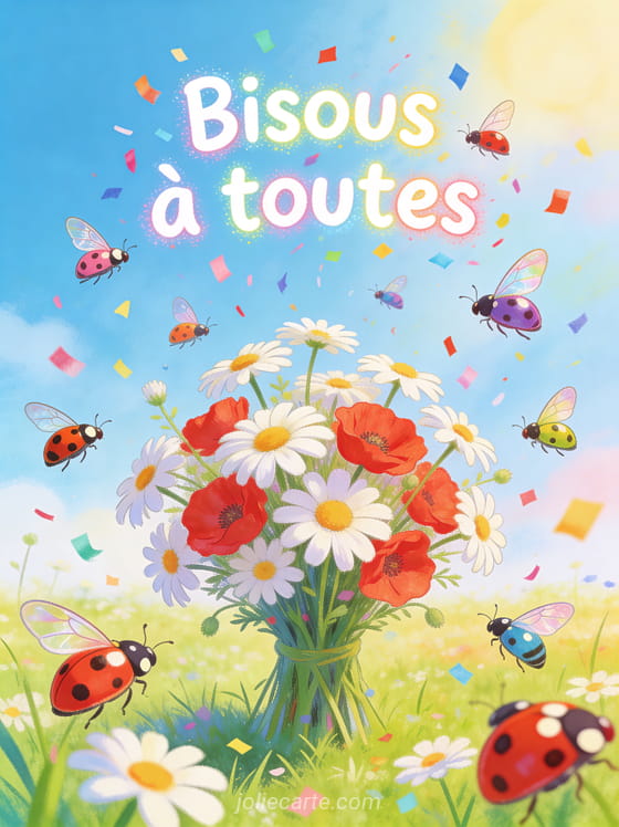 Coccinelles s'envolant d'un bouquet de marguerites et coquelicots dans un pré ensoleillé avec le texte Bisous à toutes