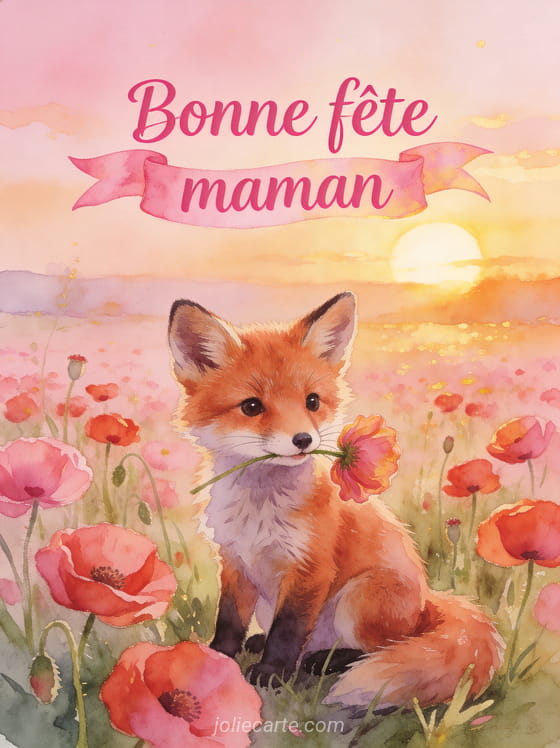 Illustration aquarelle d'un petit renard roux assis dans un champ de coquelicots tenant une fleur avec le texte Bonne fête maman