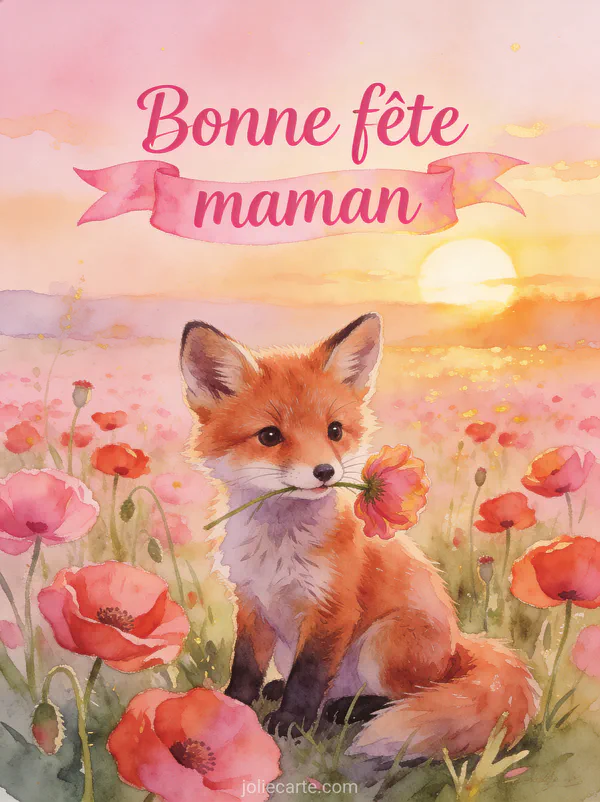 Illustration aquarelle d'un petit renard roux assis dans un champ de coquelicots tenant une fleur avec le texte Bonne fête maman