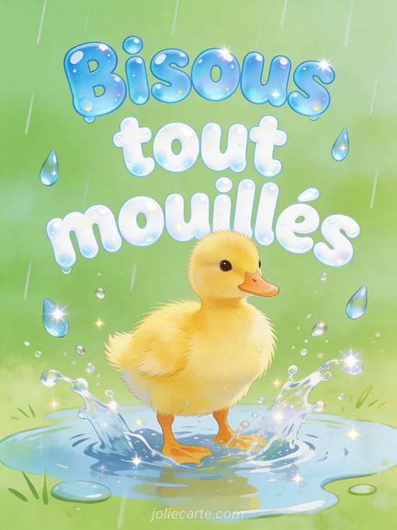 Adorable caneton jaune dans une flaque d'eau avec des éclaboussures joyeuses et le texte Bisous tout mouillés